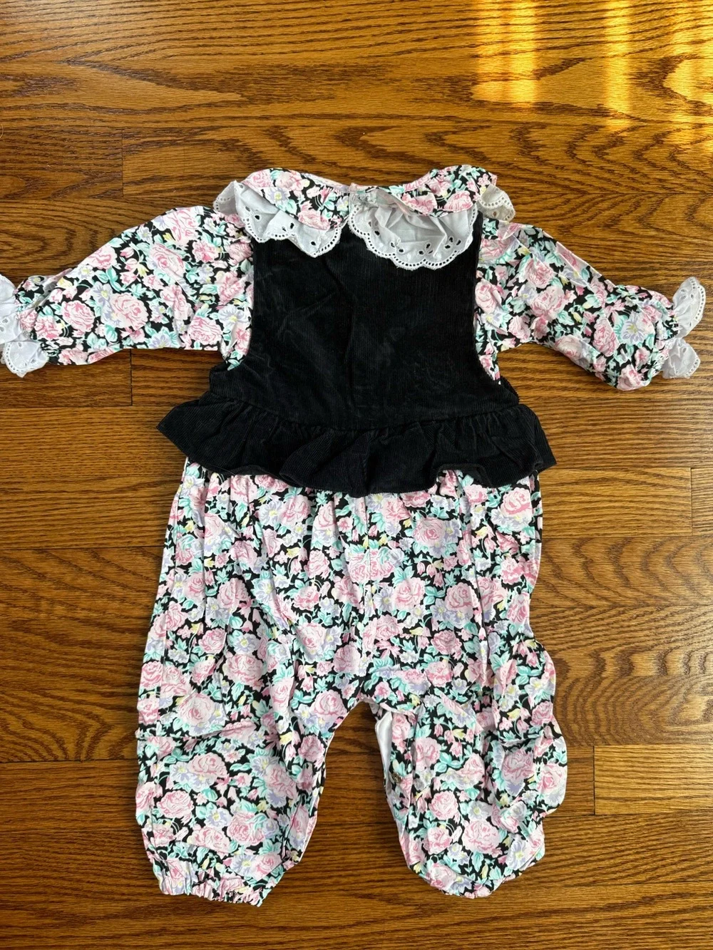 Vintage Tiny Tots Original Floral Romper Corduroy Vest Overlay 100% Cotton 12m